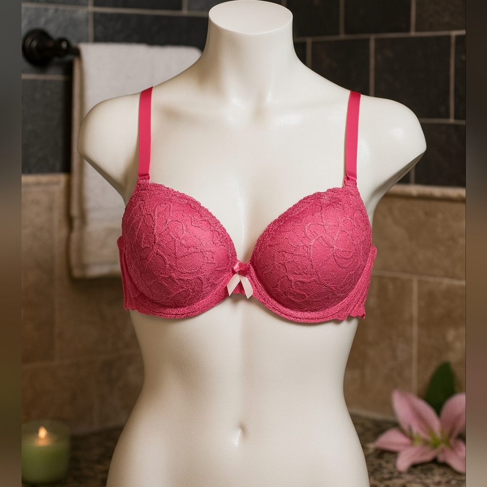 Pink Lace Women's Removable Pad Push Up  Underwire Bone In Sides Bra 34C,34D,34E